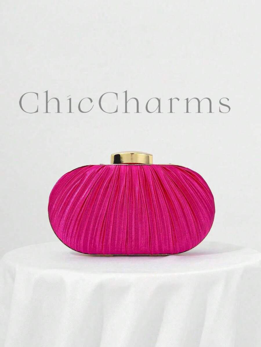 女士优雅褶皱手拿包，盒形晚宴包，适合婚礼、派对和庆典，配有可拆卸肩链 - 玫紅色 - 查看 1