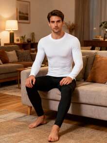4-Piece Men's Underwear Set: Long-Sleeved Shirt And Pants, Suitable For Breathable Fabric, Men's Round-Neck Long-Sleeved T-Shirt Set, Home Wear Set: Shirt And Pants. - White + Black - View 3