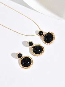 1 Set Fashionable Minimalist Geometric Circle Black Inlaid Pendant Necklace & Earrings, Versatile For Daily Wear And Party Events