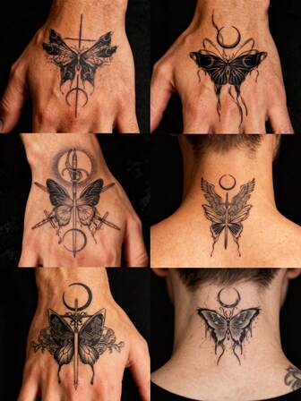 1 pieza Tatuaje temporal falso Tatuajes semipermanentes Tatuaje de mariposa gótico Impermeable y a prueba de sudor Dura de 1 a 2 semanas Realista Jugo de hierbas Anti-fricción No reflectante Negro para mujer y hombre Pegatinas de tatuaje para brazo, pecho, pierna, abdomen, cintura, dedo, cuello, columna vertebral, arte corporal modernista