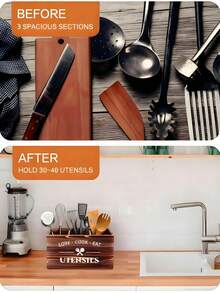 1 Brown Utensil Holder, Kitchen Utensil Rack, Storage Rack With 3 Compartments, Rustic Farmhouse-Style Wooden Cutlery Organizer For Kitchen Countertops, Ideal For Sorting And Storing Knives, Forks, Spoons, Spatulas, And Other Kitchen Tools. Kitchen Utensil Organizer, Wooden Compartmentalized Storage Box, Wall-Mounted Kitchen Organizer, Multi-Section Sorting, Miscellaneous Storage Box, Desktop Organizer, Solid Wood Construction, Kitchen Essentials, Kitchen Must-Haves, Kitchen Storage Solutions, Kitchen Organization. - 彩色 - 查看 6