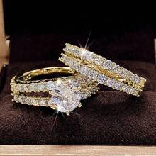 2Pcs/ Set Luxury Bright Women's Fashion Zirconia Jewelry Exquisite Birthday Anniversary Christmas Gift For Girlfriend Wife Bridal Wedding Band Engagement Party Ring Set Jewelry Size 5-11# - Gold - View 9