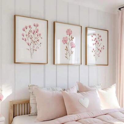 1/3pcs Unframed Boho Botanical Floral Canvas Poster Pink Flower Wall Art Print Minimalist Girls Room Aesthetic Decor Nursery Painting For Apartment,Living Room,Bedroom,Modern Home Decoration