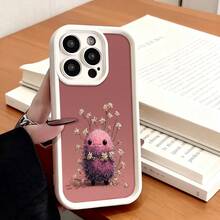 Cubierta de teléfono con borde negro color rojo oscuro con diseño de planta peluda rosa y flores secas para uso diario en oficina o hogar - Negro - Ver 3