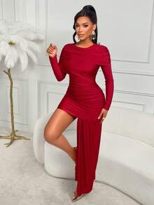 AIJ Amarilo Women's Autumn/Winter Fashion Sexy Going Out Date Party Cocktail Ball Gown Wrap Ruched Long Sleeve Waist Ruched Hip Patchwork Solid Color Mini Dress - Burgundy - View 4