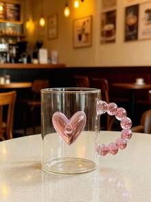 1pc INS Style Bow & Heart Print Glass Cup, Asymmetric Handle Water Mug, Home Afternoon Tea Coffee Cup, Juice Cold Drink Cup, Breakfast Milk Cup, Yogurt Oatmeal Cup, Holiday Gift Cup, Great Gift For Friends And Family, Valentine's Day Gift, Back To School Gift - Multicolor - View 1