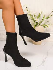 Women's Pointed Toe Stiletto Ankle Boots, Pointed Toe Stiletto Design, Pointed Mid-Calf Zipper Decor, Stiletto High Heel, Pointed Toe Modern Ankle Boots, Fashion Commuter Style, Suitable For Women's Daily Work And Party Wear In Autumn/Winter, Suede Material, Fashionable Pointed Toe Stiletto Ankle Boots - Black - View 5