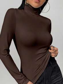 Áo thun nữ cổ cao tay dài, màu trơn, dáng ôm, thích hợp cho mùa xuân/thu/đông. - Cà phê nâu - Xem 2