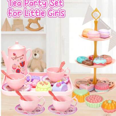 42 件儿童茶会套装，适合小女孩 - 适合 3-8 岁女孩的生日礼物玩具 - 可爱公主玩具幼儿锡制茶具 - 带有甜点、花茶壶和手提箱的角色扮演玩具，儿童小玩具，儿童玩具厨房，幼儿女孩，儿童角色扮演，玩橡皮泥套装，玩具食物套装