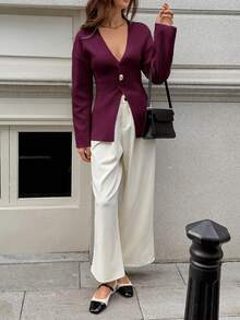 PoPoHouse Women's Top Suitable For Wear Daily Commuting To Work And Office Deep V-Half Open Solid Color Long Sleeved Slim Design Warm And Comfortable - Red Violet - View 8