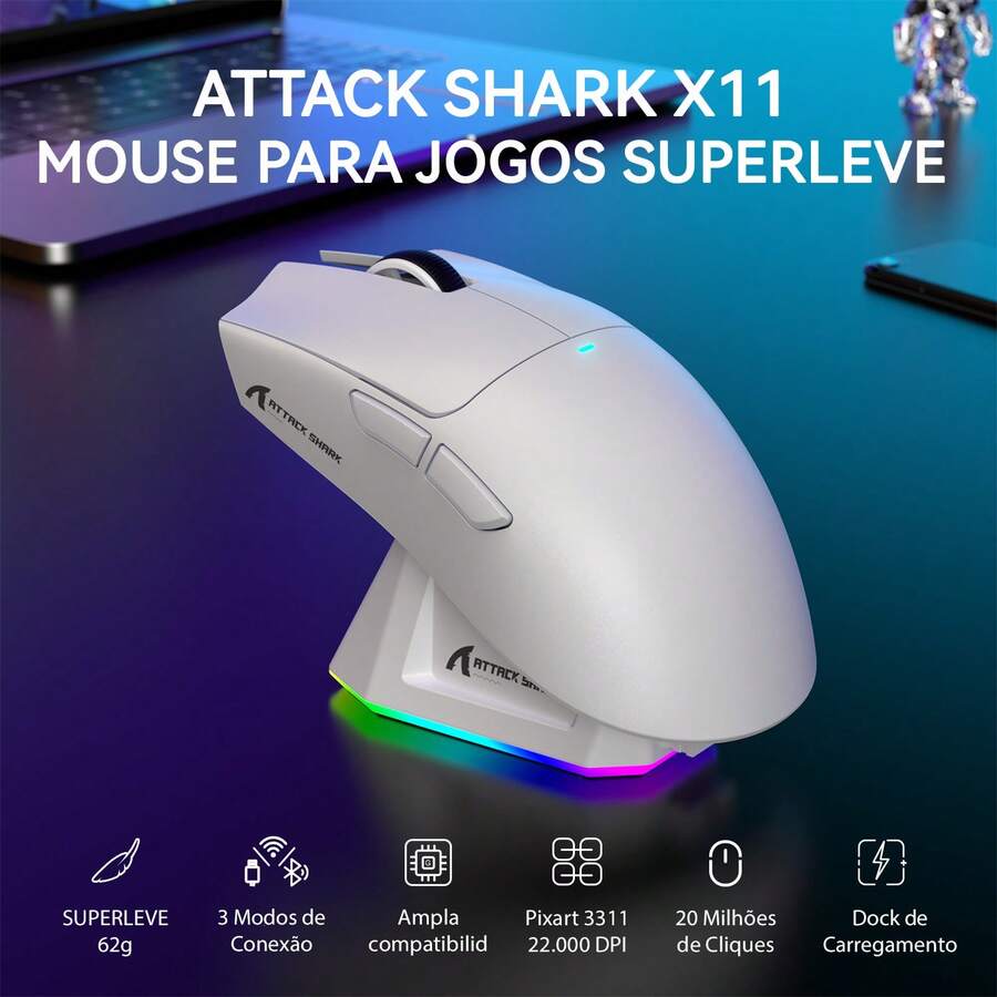 ATTACK SHARK X11 Wireless Gaming Mouse With RGB Magnetic Charging Base, PixArt PAW3311 Sensor, Ultra-Light 59g, 3 Modes (Wired/2.4G/Bluetooth), Up To 22,000 DPI, PC/WIN Compatible - 白色 - 查看 1