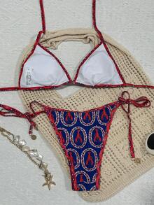 [سلسلة الفاخرة] طقم بكيني بطباعة فنية بتباين اللون الأحمر والأزرق، ملابس سباحة فاخرة بطراز منتجع راقي