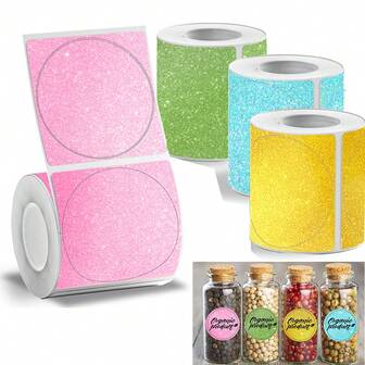 新款热敏不干胶贴纸，5厘米/1.96英寸圆形可打印彩虹闪光标签，兼容Phomemo M220/M110/M108彩色热敏纸