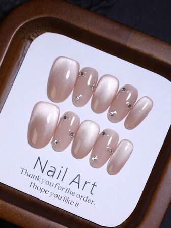 10pcs Oval Short Brown 100% Pure Handmade Press On Nails Shiny Glossy Cat's Eye Manual Nail With Glitter Rhinestones Nail Charms Finished Fake Nail Tips Reusable For Four Seasons Nail Art Design Daily Use