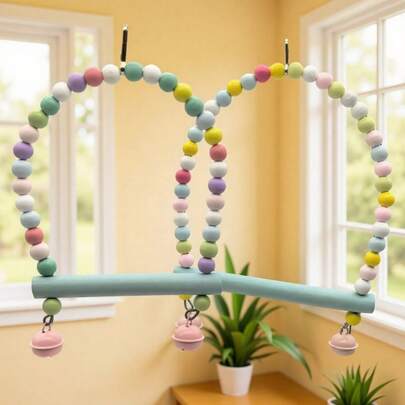 1个马卡龙色木制鹦鹉秋千玩具，带铃铛，耐用防啃咬，鸟梯、栖木、桥梁、攀爬架，多功能笼子装饰配件，多种颜色可选，适合所有季节