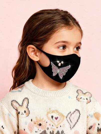 1pc Rhinestone Butterfly & Heart Decorated Children's Face Mask, Fashionable & Elegant, Suitable For Daily Wear, Outings, Parties, Performances, School, Christmas Parties, Etc. (Random Color)