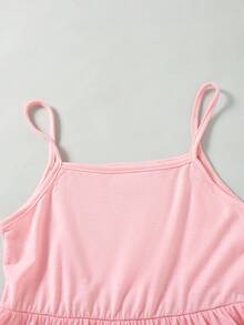 2pcs/Set Pakaian Kasual Anak Perempuan Warna Polos dengan Hiasan Pita, Atasan Kardigan Lengan Pendek dan Gaun Kasual Selutut dengan Tali Bahu Tipis, Musim Panas - Berwarna merah muda - View 7