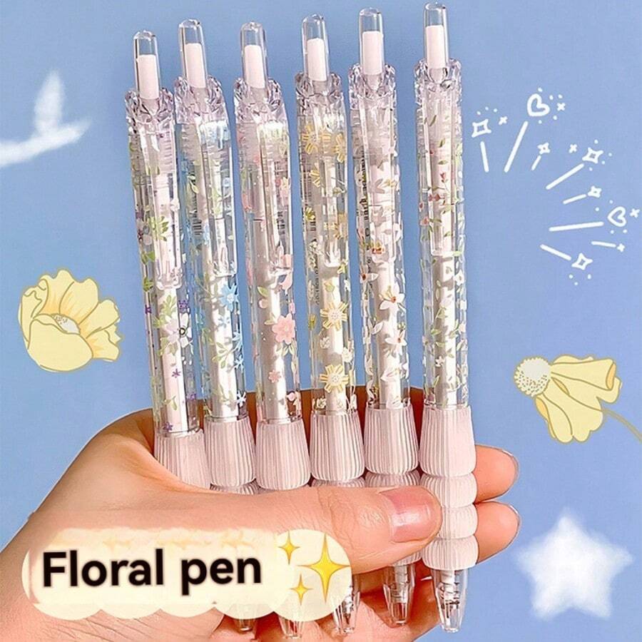 6pcs Ditsy Floral Pattern Push-Button Ballpoint Pens, High-Quality Quick-Drying Black Ink Pens, Smooth Writing For Studying, Student Stationery Supplies, Student Prizes & Gifts - Multicolor - View 1