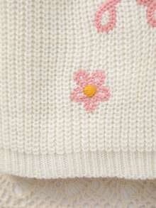 Girls Knitted Sweater With Delicate "Big Sister" Embroidery And White Floral Pattern, Soft And Warm - White - View 8