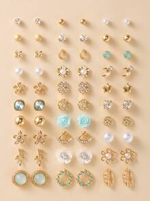 30 Pairs/Set Women's Daily Fashion Stud Earrings, Flower, Star, Moon, Rhinestone, Metal, Faux Pearl, Multiple Styles, Cute & Minimalist, Suitable For Casual Wear, Holiday Gifts - Multicolor - View 6