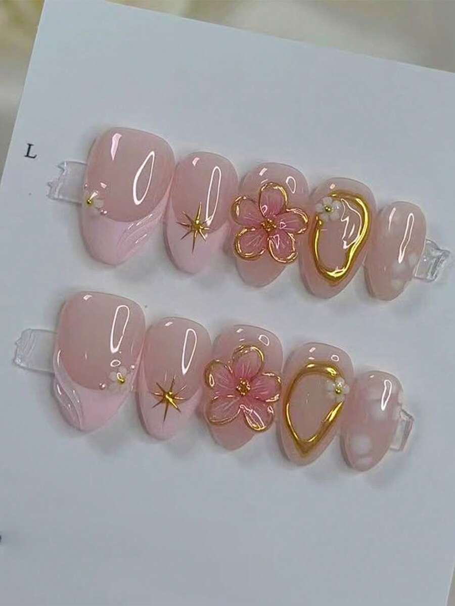 10 móng tay giả màu hồng kiểu Babushka Y2K hình hạnh nhân ngắn, viền vàng, chạm khắc 3D, đơn giản, đa năng, kiểu Pháp, làm thủ công, có thể đeo hàng ngày, phù hợp cho phụ nữ, móng tay giả dán, dụng cụ làm móng. - Hồng - Xem 1