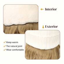 针织帽，配有长波浪卷发接发，加厚内衬，20英寸合成假发，可拆卸发片，保暖绒球，适合女性冬季佩戴，自然风格 - 彩色 - 查看 5