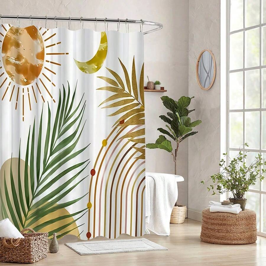 1pc Leaf Pattern Bathroom Shower Curtain - Fashionable Design, No Need To Drill Holes For Hanging, Suitable For All Seasons, Perfect For Home Decoration, Bathroom Shower Curtain; Cartoon Design; Easy-To-Hang Curtain, Bathroom Decoration, Suitable For Hotels, Inns, Rental Houses, And Outdoor Use