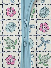 Baby Bamboo Fiber Zip-Up, Sea Turtle Flower Shell Blue Print Romper, All-Season Knit Fabric Skinny Fit With Zipper Detail, Baby Gril Clothes, Perfect For Outdoor - 淺藍色 - 查看 4