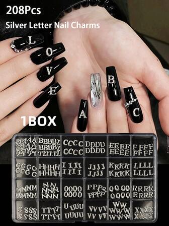 1 caja 208 piezas Tachuelas de uñas con letras 3D Encantos de uñas con letras mayúsculas de oro y plata Decoración de uñas con cristales de rinoceronte y letras del alfabeto inglés para mujeres y niñas Manualidades de arte de uñas
