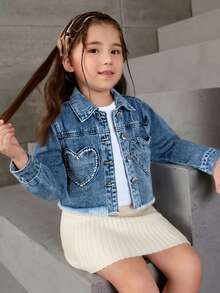 Girls' Distressed Denim Jacket With Rhinestone Embellishments, Cropped Length, Fringed Design, Suitable For All Seasons