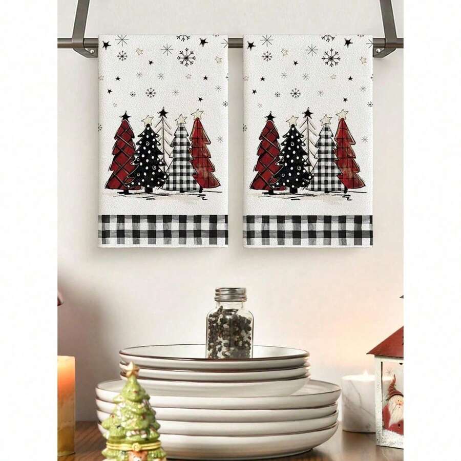 1/2Pcs Buffalo Plaid Christmas Towels - Santa Claus Tree Themed Kitchen Dish Towels 16x24 Inch, Holiday Bathroom Home Decor For Christmas Cooking Baking Seasonal Decoration - Multicolor - View 1