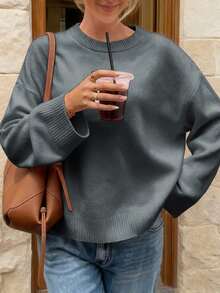 FOR BEAUTY 春秋新款纯色简约圆领长袖针织衫，时尚宽松通勤风套头针织衫，女款 - 花灰 - 查看 4