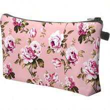 - Bolsa de maquillaje de viaje, bolsa pequea, regalo para mujeres, Corazn dorado cepillado, Casual - Flores de rubor rosa - Ver 3