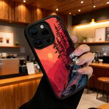 Cubierta de teléfono con borde negro y diseño de puesta de sol en bosque rojo para iPhone 14 Pro Max ideal para uso diario y estilo moderno - Burdeos - Ver 6