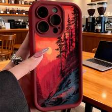Cubierta de teléfono con borde negro y diseño de puesta de sol en bosque rojo para iPhone 14 Pro Max ideal para uso diario y estilo moderno - Burdeos - Ver 7