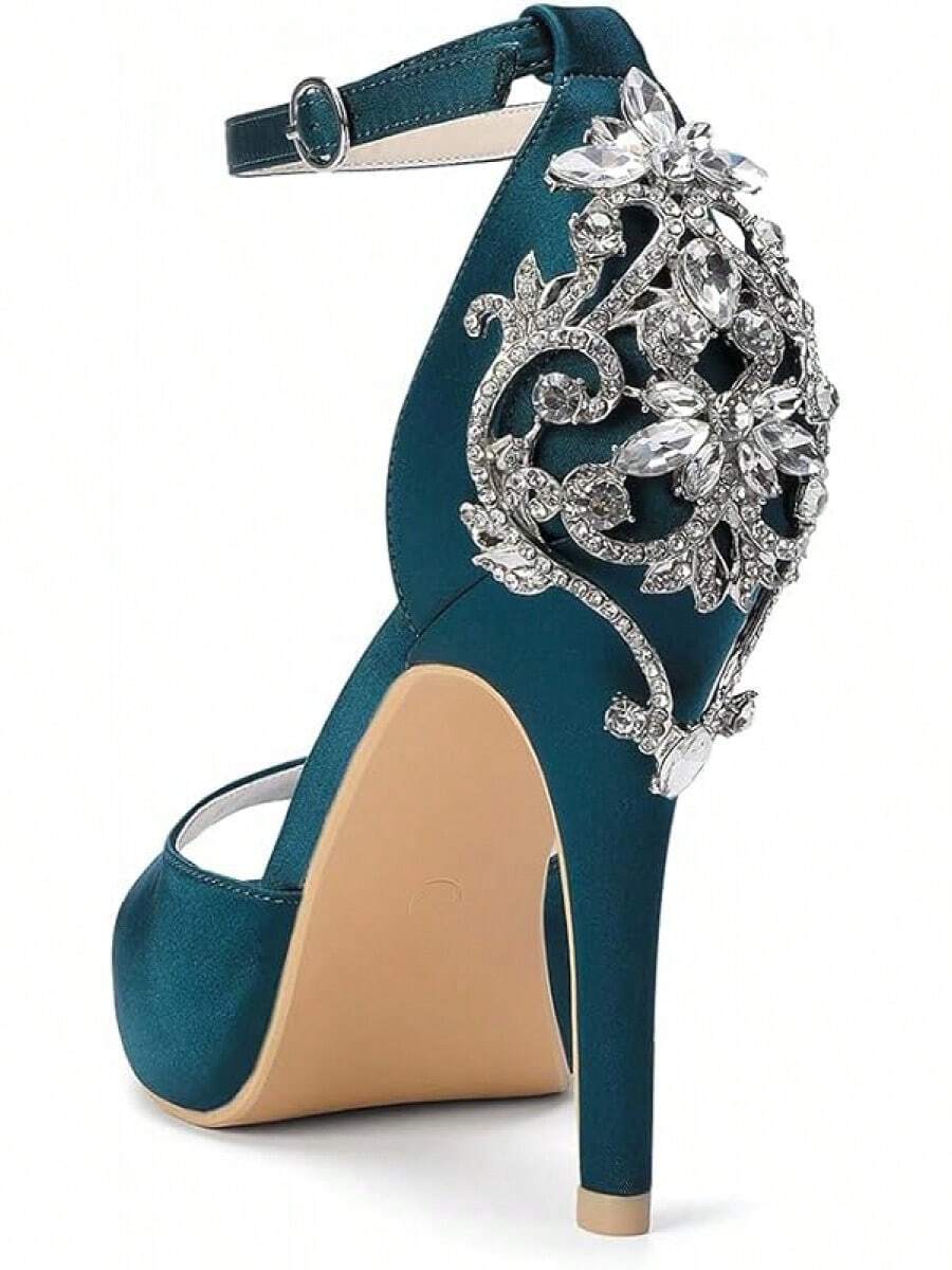 Lady Satin Dress Platform High Heels Wedding Sandals Crystal Back With Free EarringsChristmas - 藍綠色 - 查看 1