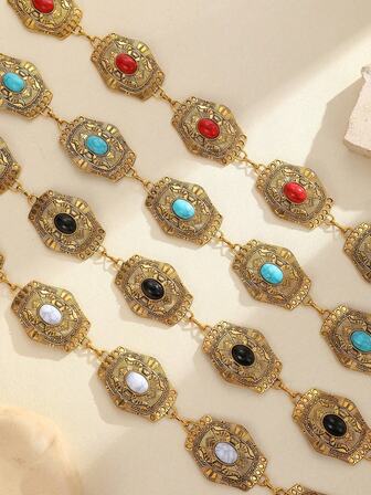 1pc Polygon Metal Carved Turquoise Waist Chain, Bohemian Zinc Alloy, Suitable For Christmas Party, Holiday & Casual Occasions For Women