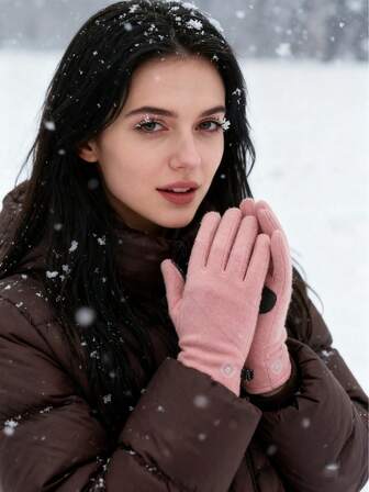 1 Pair Women's Solid Color Full Finger Winter Gloves, Warm Gloves Suitable For Outdoor Sports, Winter Travel, Hiking, Cycling, Driving