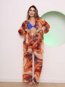 Printed Tulle Beach Cover-Up Shirt And Pants Set - Orange - View 2