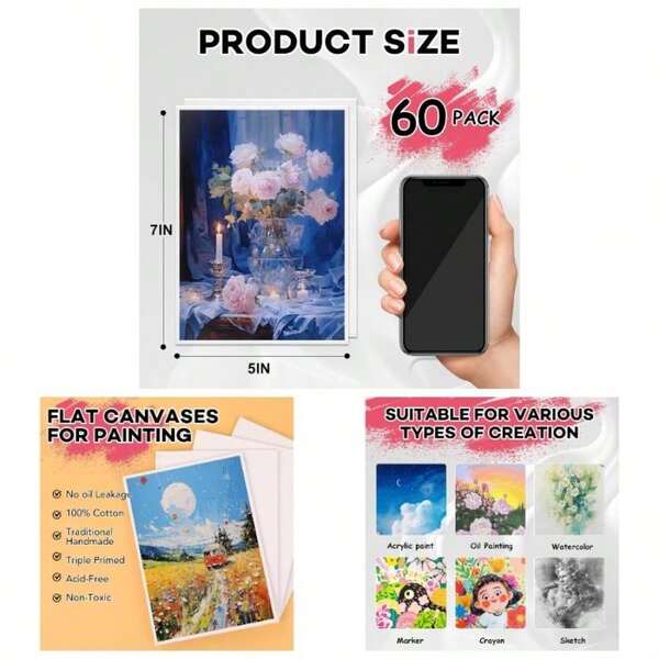 5x7 Small Canvases Painting, 60 Pack Canvas Boards Painting Canvas Primed Blank Canvas Panels Oil Paint, Watercolor, Acrylic Paint, GouacheTempera.
