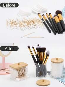 3pcs Cotton Swab Storage Box, Ball Pad Dispenser, Clear Acrylic Holder With Bamboo Lid, Bathroom Cosmetic Organizer Set - Multicolor - View 8