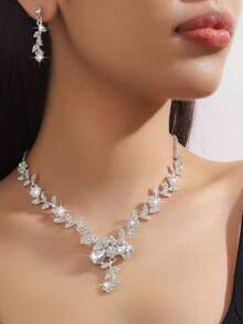 Bộ 2 món dây chuyền và bông tai hình lá và hoa đính đá, bộ trang sức sang trọng, thanh lịch dành cho nữ, thích hợp cho đám cưới và tiệc tối. - Bộ 2 hoa lá nhỏ - Xem 1
