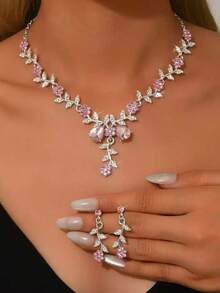 Bộ 2 món dây chuyền và bông tai hình lá và hoa đính đá, bộ trang sức sang trọng, thanh lịch dành cho nữ, thích hợp cho đám cưới và tiệc tối. - Bộ 2 hoa lá nhỏ - Xem 16