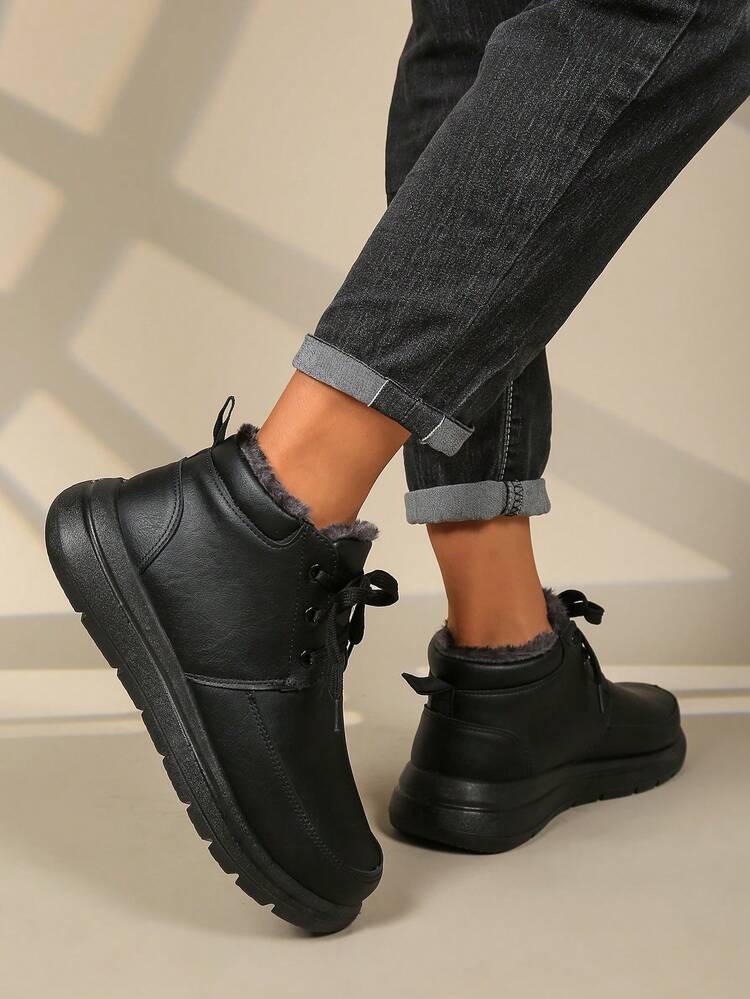 Botas de nieve de invierno para hombres, botas cortas cálidas, zapatos casuales de caña alta - Negro - Añade 5