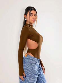 Women's Long-Sleeved Backless Bodysuit In Cool Fabric, Fashionable Blogger Style, Basic - Rust Brown - View 3