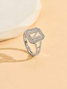 1. 时尚精致的26字母锆石戒指，夏季新款女士首字母开口戒指 - 白色 - 查看 23