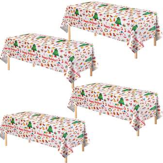 4pcs/1pc Plastic Rectangular Tablecloth 54x108 Inches, Disposable Table Cover, Holiday Christmas Decor, Picnic Dining Table Cloth, Christmas Pattern Print Tablecloth, Kitchen Decor, Holiday Party
