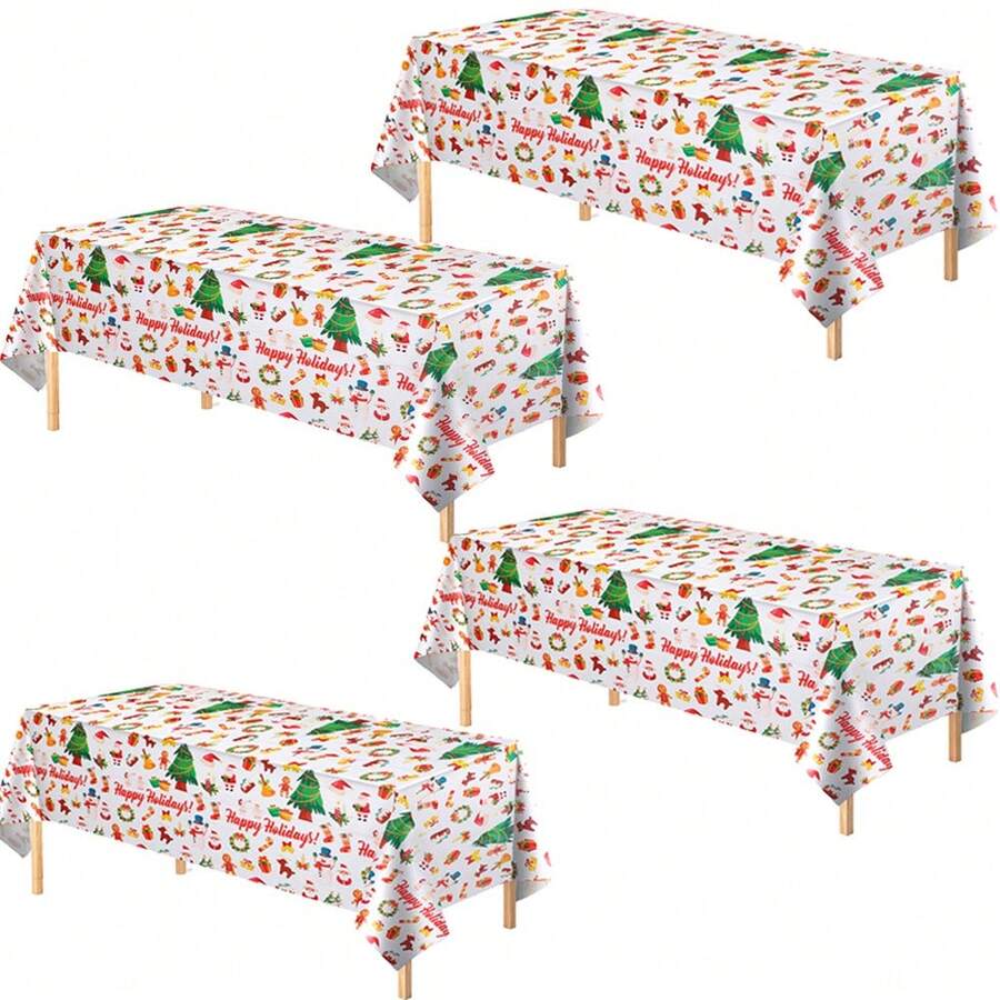4pcs/1pc Plastic Rectangular Tablecloth 54x108 Inches, Disposable Table Cover, Holiday Christmas Decor, Picnic Dining Table Cloth, Christmas Pattern Print Tablecloth, Kitchen Decor, Holiday Party - Red - View 1
