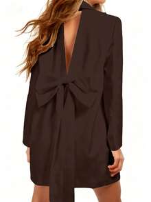 女士休闲连衣裙，黑色宽松优雅派对连衣裙，露背蝴蝶结设计，轻盈鸡尾酒裙 - 咖啡棕 - 查看 3