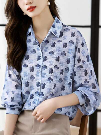 Chemise décontractée à manches longues et à simple boutonnage avec imprimé floral bleu rétro pour femmes, blouse élégante pour dames